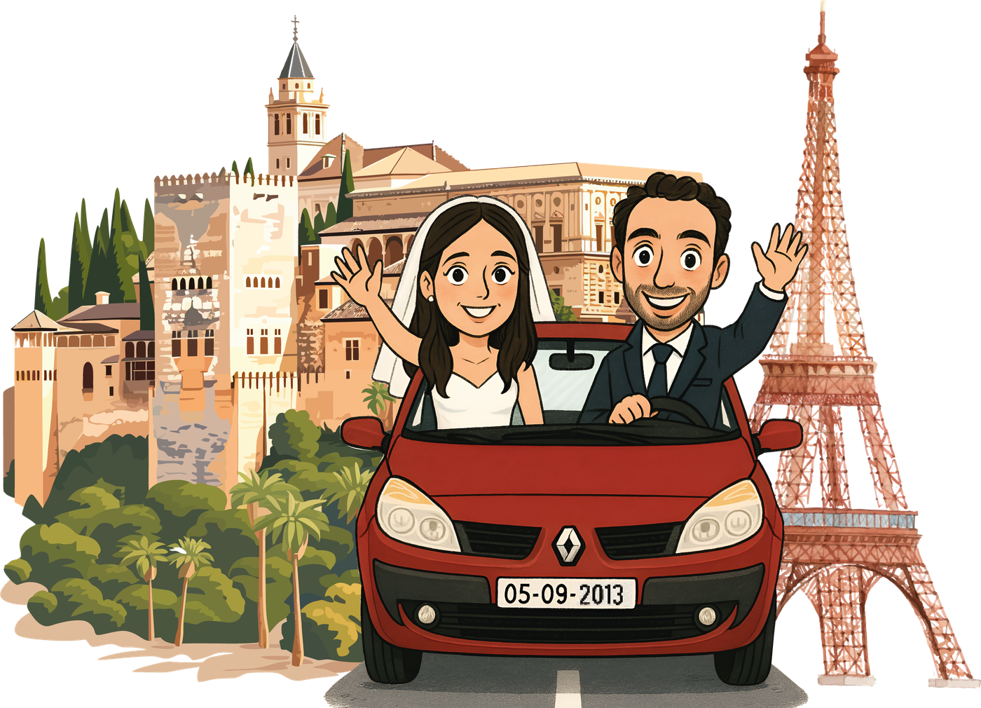 Ilustración de Jesús y Amelia saludando desde un coche rojo